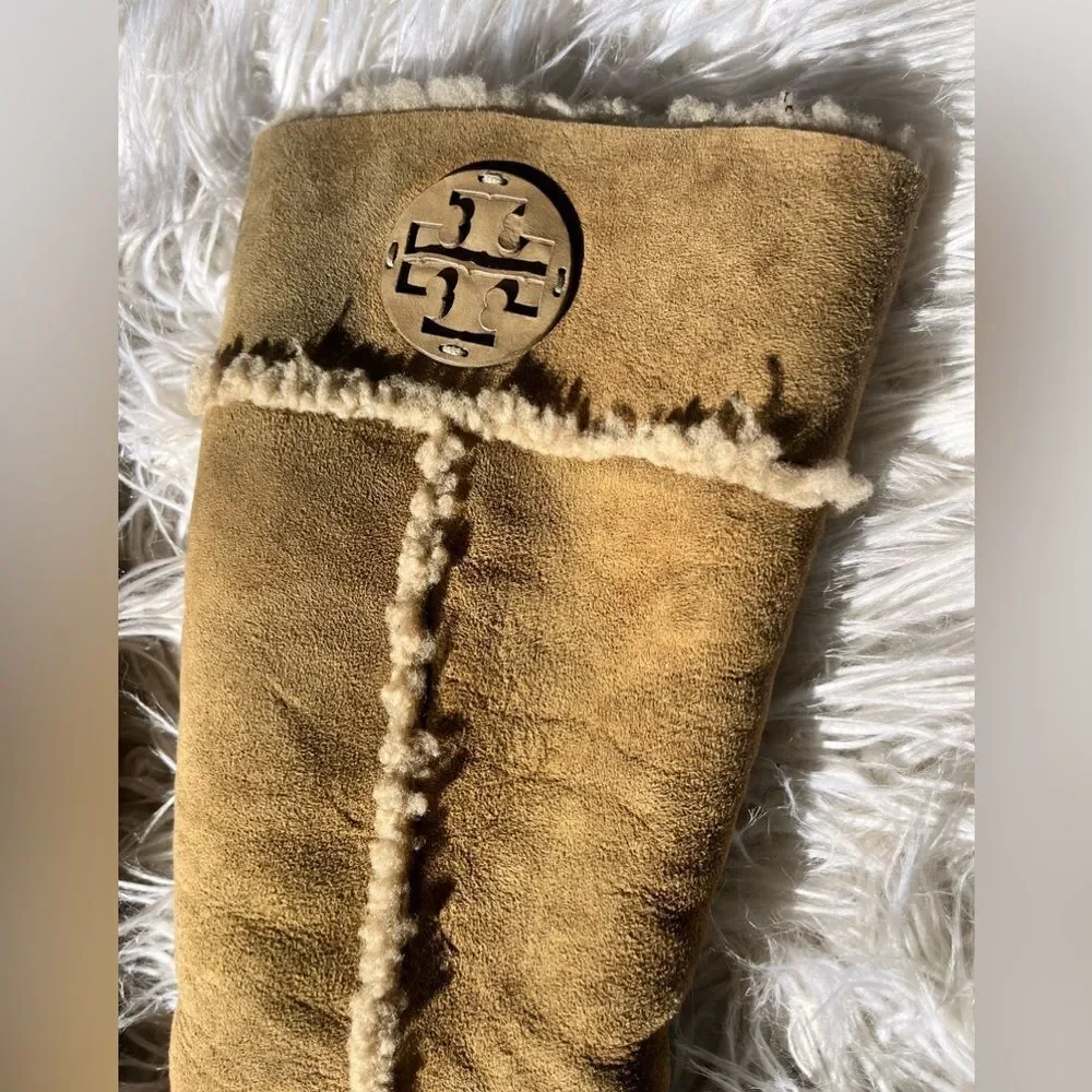 Tory Burch Camel Leather Suede Shearling Tall Reva Moccasin Boots